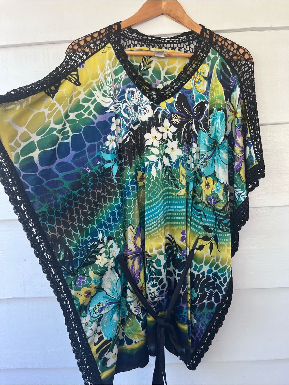 Cache VTG Y2K Floral Mosaic Crochet-Trim Kimono Top Multicolored S